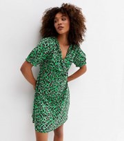 New Look Green Leopard Print Crepe Frill Mini Wrap Dress